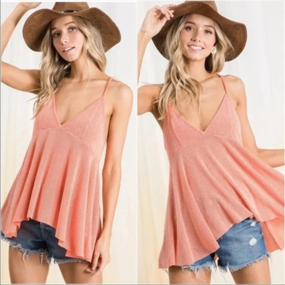 Coral Boho Babydoll V-Neck Flowy Tank Top | Summer Beach Outfit